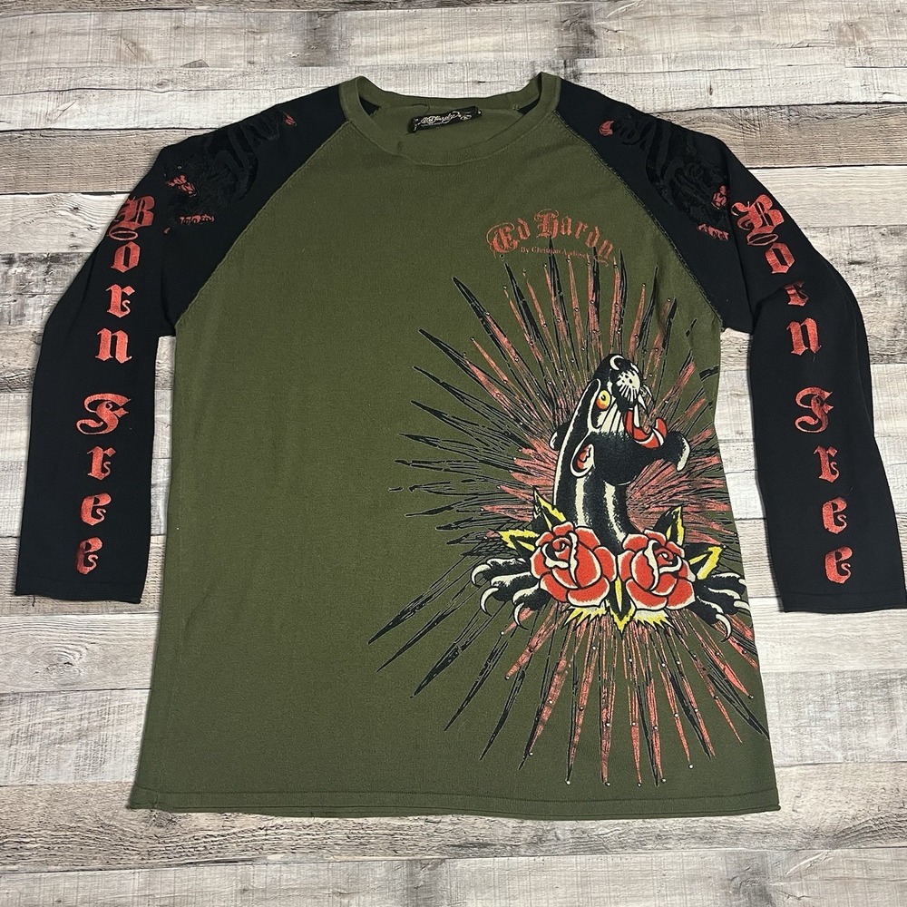 Ed Hardy Shirt Men XL Green Vintage Christian Audigier Leopard Y2K Grunge Punk